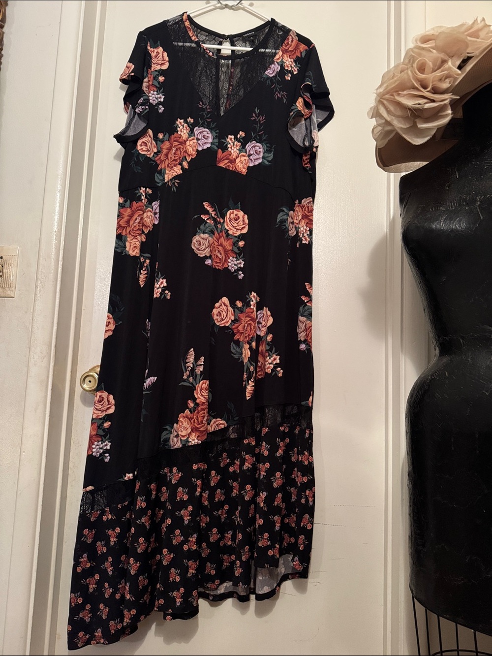Torrid Black Maxi Dress with Peach & Dusty Rose Floral Print